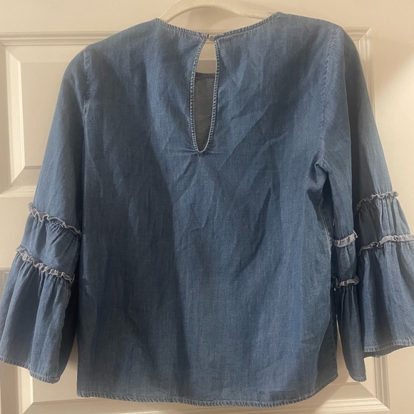Express Chambray Boho Floral Embroidered 3/4 Bell Sleeve Top - Picture 2 of 4